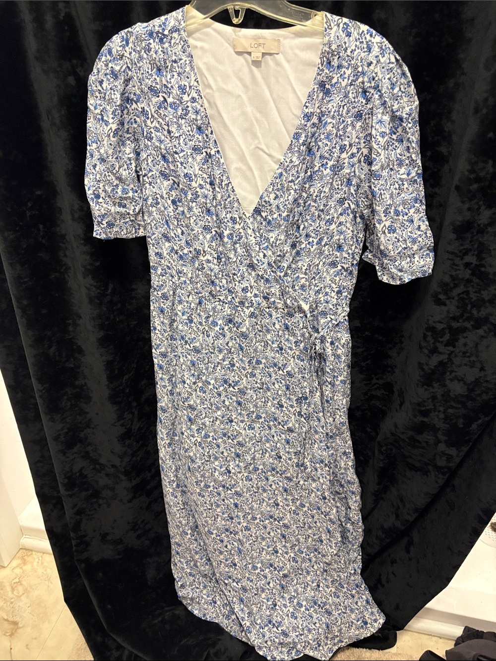 LOFT Blue and White Floral Wrap-Style Midi Dress